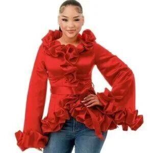 Red Satin Ruffle Wrap Blouse – Dramatic Bell Sleeve Statement Top